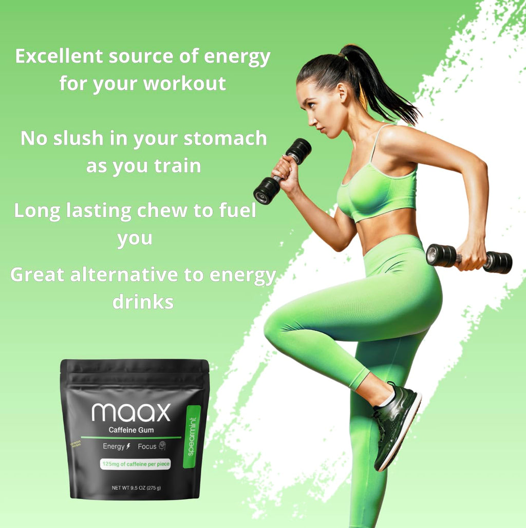 Maax Caffeine Energy Gum | 125mg of caffeine per piece | Spearmint | 125 total pieces per bag