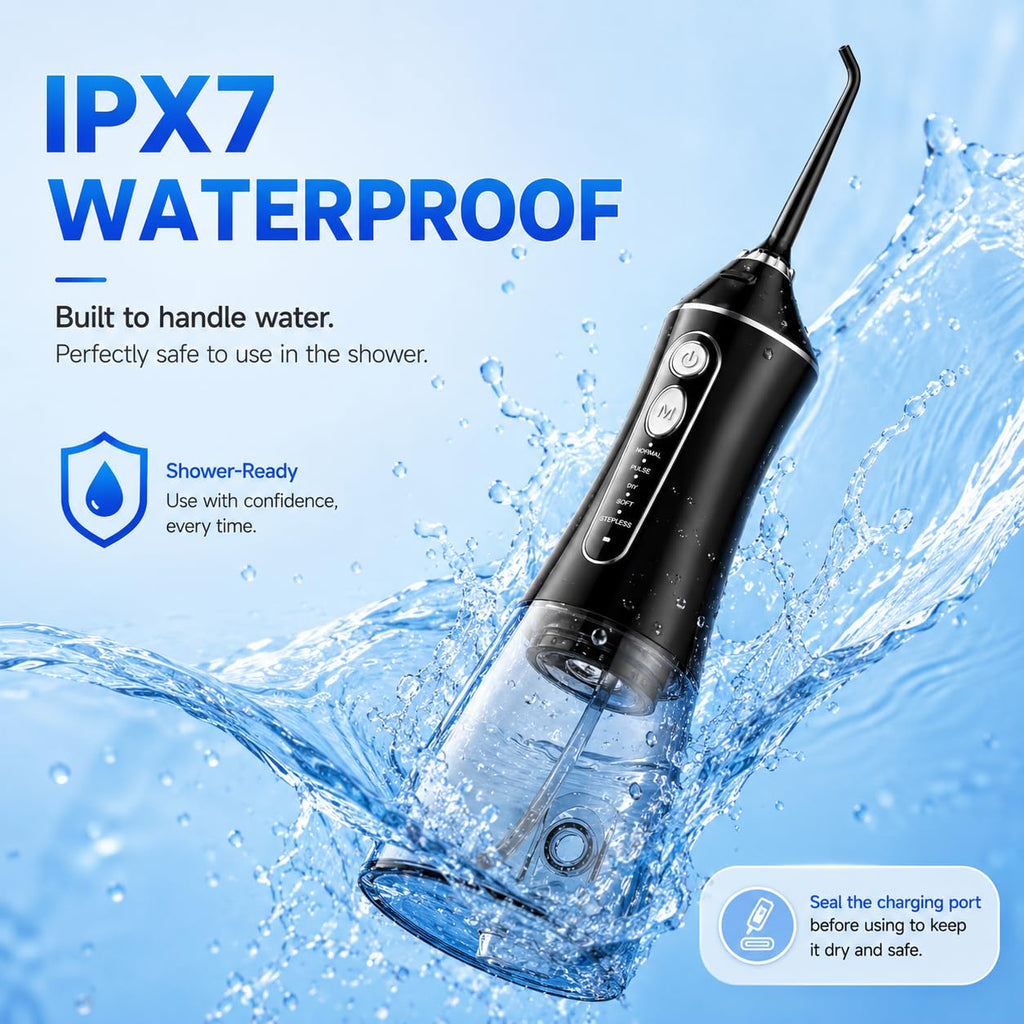 Cordless Water Flosser for Teeth with 6 Jet Tips, DIY 5 Modes 320ML Tank IPX7 Waterproof Portable Rechargeable Water flosser for Dental Hygiene Cordless for Home and Travel, Black