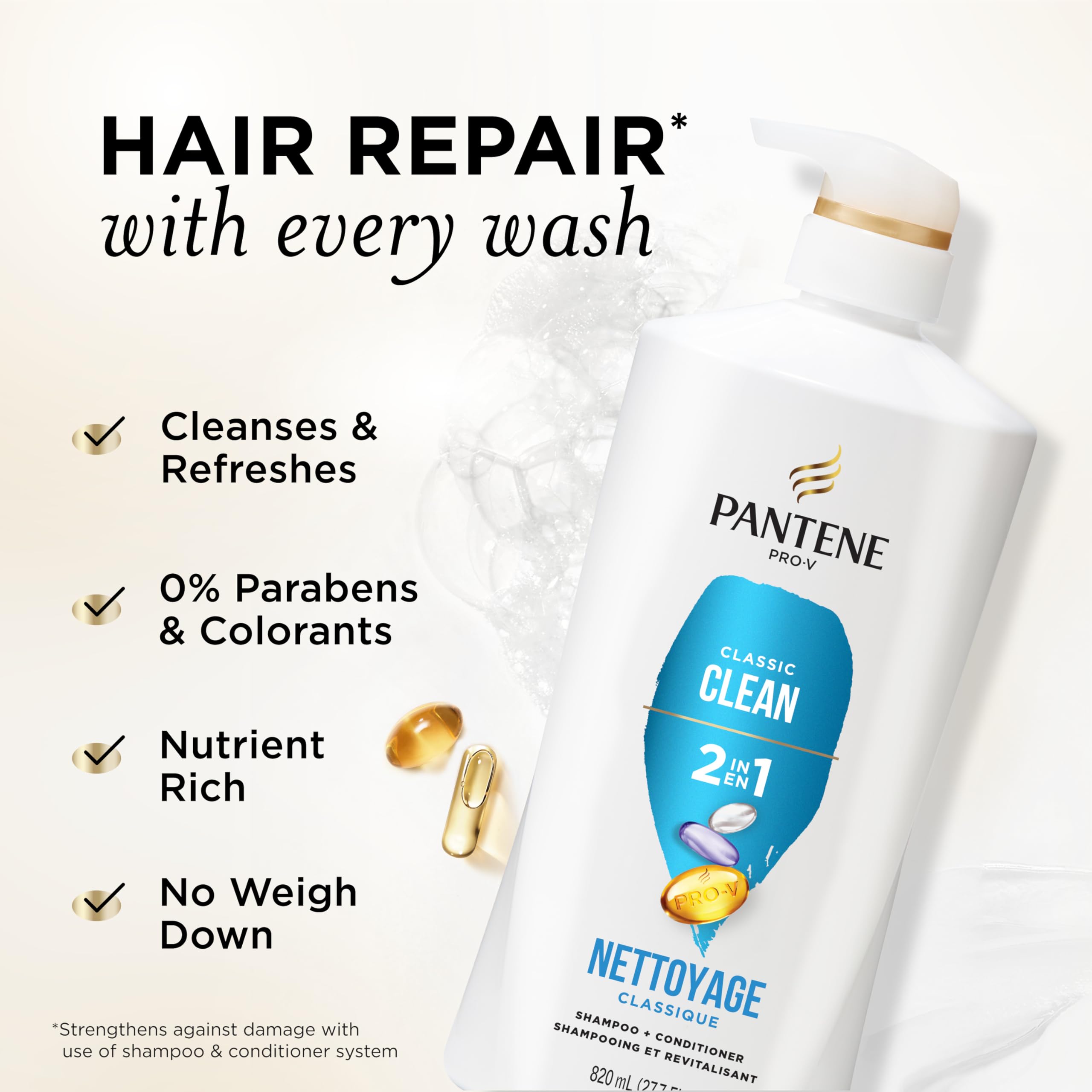 Pantene 2-in-1 Shampoo & Conditioner, Classic Clean - Pro-V Nutrients for Dry, Color-Treated Hair, Healthy Looking Hair Every Wash, Antioxidant-Rich, 27.7 Oz Each, 2-Pack + Rescue Shot (0.5 Oz)