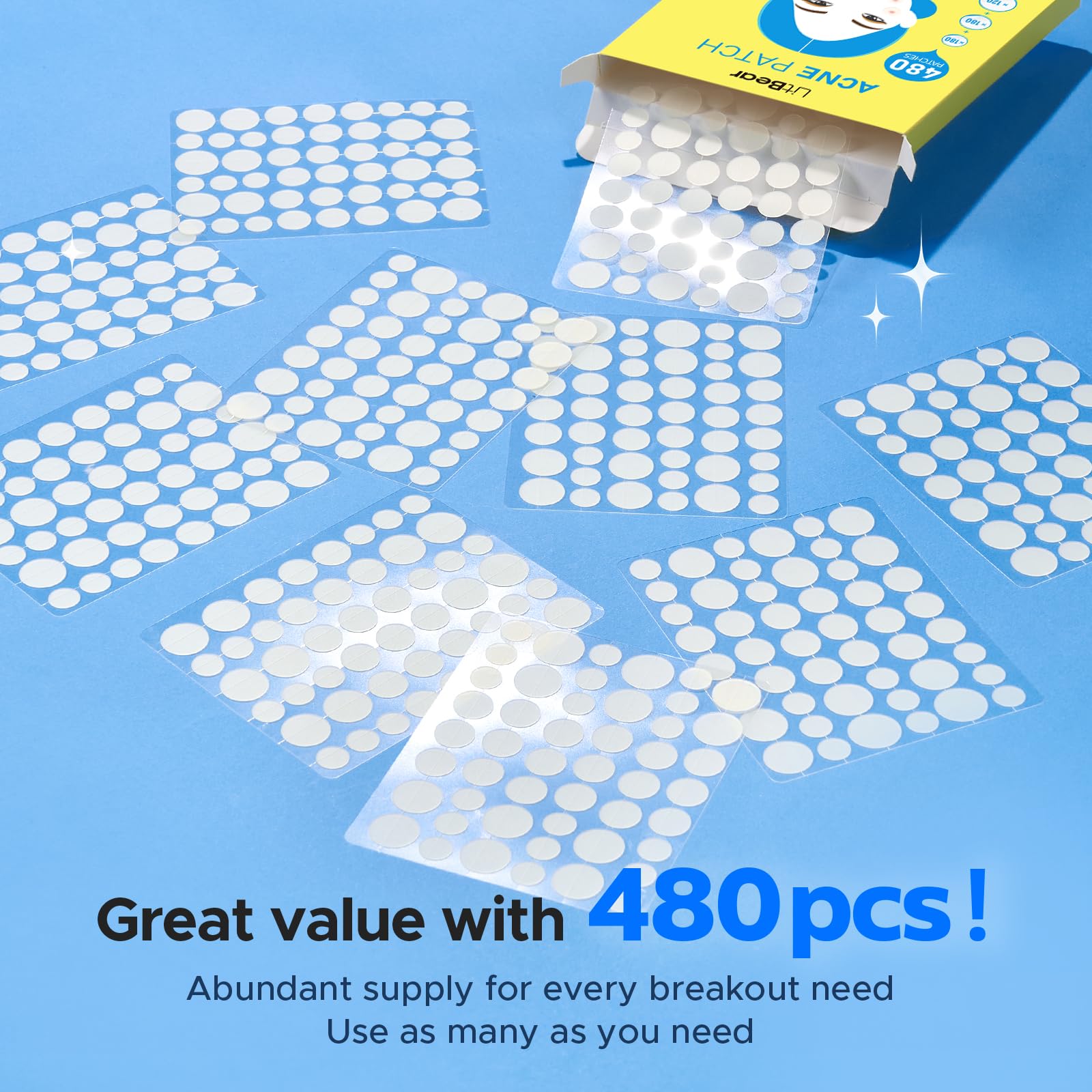 LitBear Pimple Patch Bulk, 480 Patches 3 Size Acne Patches for Face | Hydrocolloid Spot Stickers for Covering Zits, Blemishes, and Breakouts, Suitable for All Skin Types