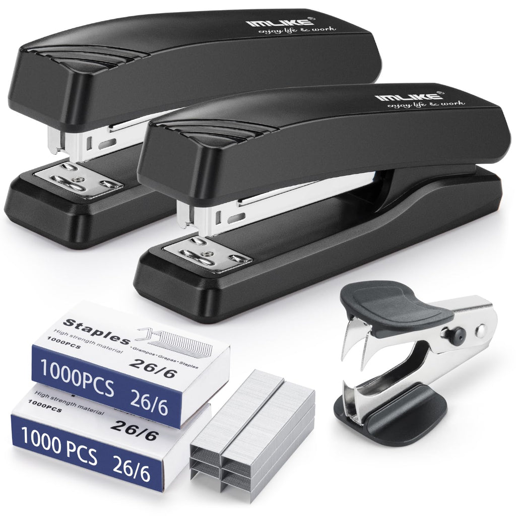 Desktop Office Stapler with 2000 Staples: IMLIKE Half Strip Desk Staplers, take 26/6 Staples 25 Sheets Capacity, Staple Remover, Non-Slip Base, Black, 2-Pack