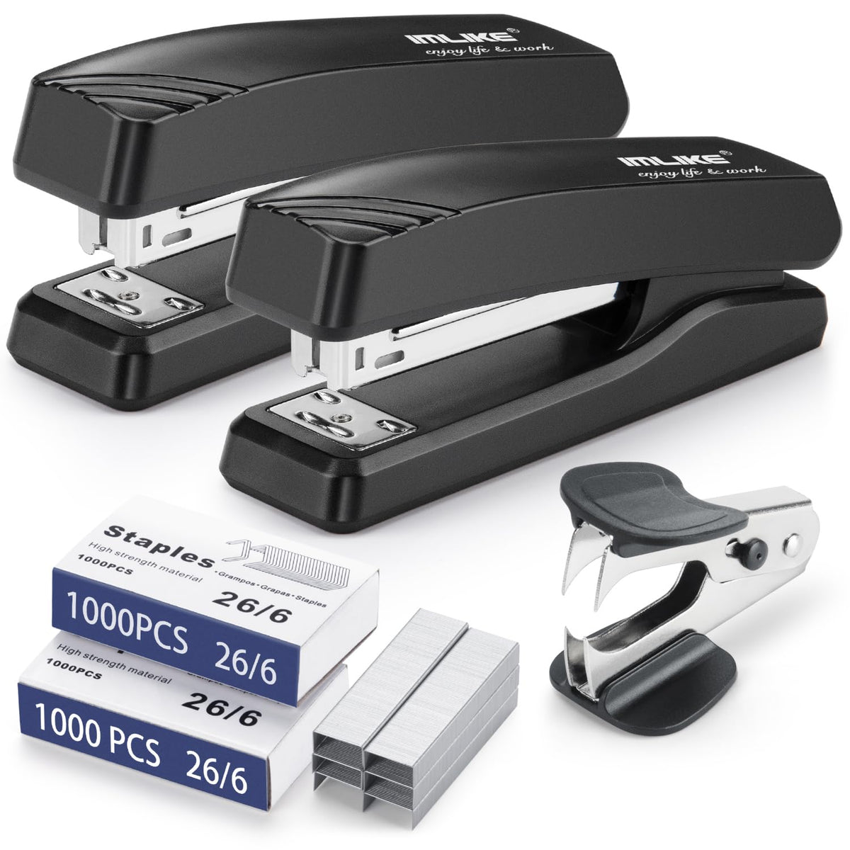 Desktop Office Stapler with 2000 Staples: IMLIKE Half Strip Desk Staplers, take 26/6 Staples 25 Sheets Capacity, Staple Remover, Non-Slip Base, Black, 2-Pack