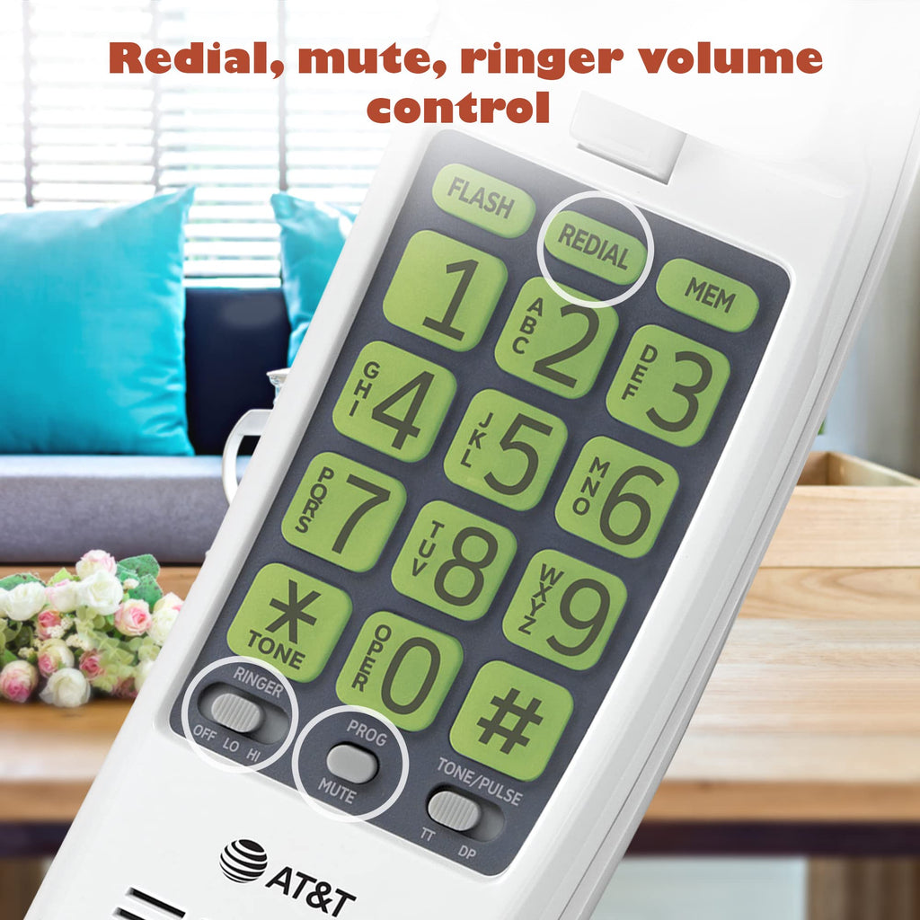 AT&T Trimline Corded Phone, No AC Power Needed, Extra Large Buttons, Visual Ringer, Lighted Keypad, 10-Number Speed Dial, Wall Mountable, White | 213
