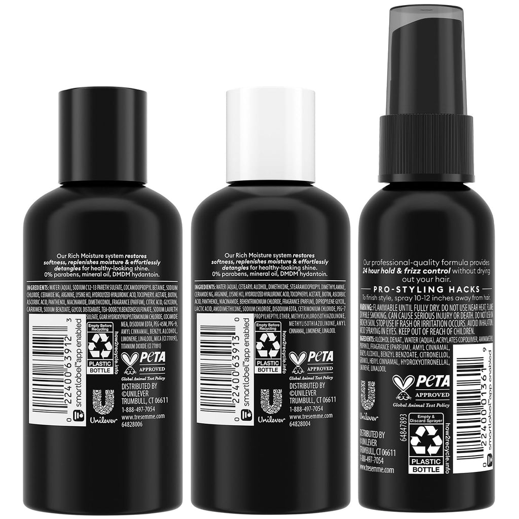 TRESemmé Travel Shampoo, Conditioner & Hairspray – Rich Moisture Hair Products + Non-Aerosol Hair Spray, 24H Frizz Control (3 Piece Set)