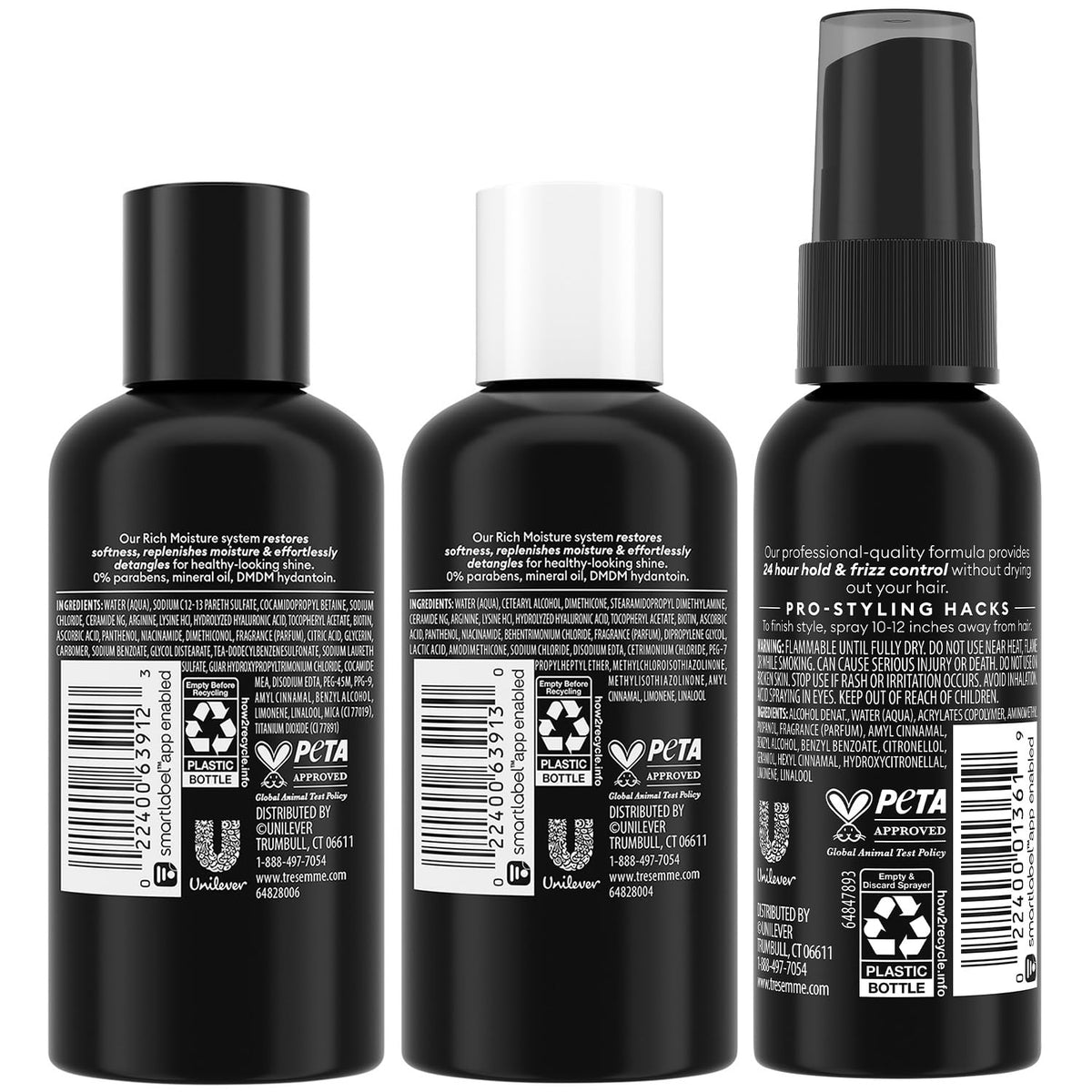 TRESemmé Travel Shampoo, Conditioner & Hairspray – Rich Moisture Hair Products + Non-Aerosol Hair Spray, 24H Frizz Control (3 Piece Set)