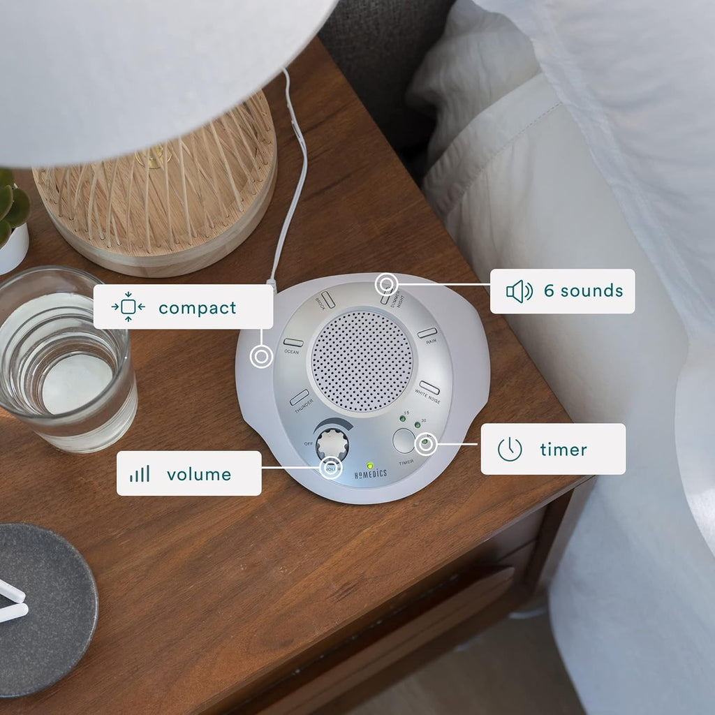 Buy now Homedics SoundSleep White Noise Sound Machine, Silver, Small Travel Sound Machine with 6 Relaxing Nature Sounds, Portable Sound Therapy for Home, Office, Nursery, Auto-Off Timer, by Homedics at indiglob india