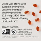 Sports Research® Vegan Vitamin D3 + K2 w/Coconut Oil, 60 Count Plantgels™ | Plant-Based Vitamin D 2500iu/62.5mcg & Soy-Free Vitamin K 100mcg for Bone & Immune Support - Vegan Certified · Non-GMO