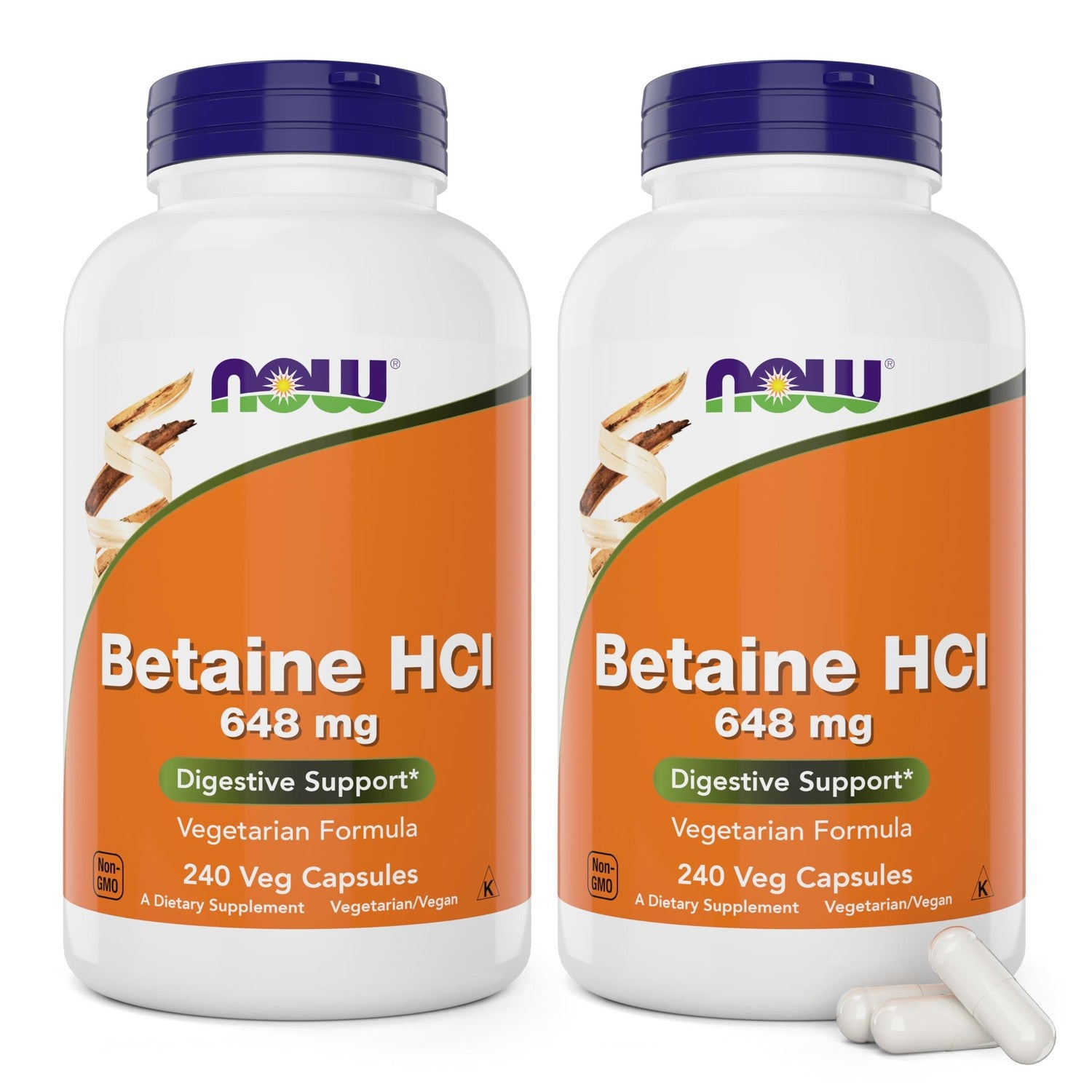 Now Betaine HCl 648mg 240 Veg Capsules - Digestive Enzymes Supplement - Enhanced with Pepsin Protease for Protein Digestion Support
