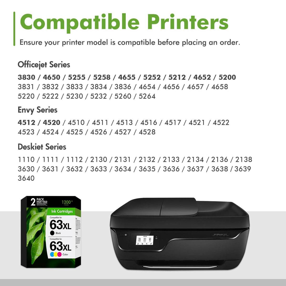 63 63XL XL 4520 3830 Ink Cartridge Black and Color Combo Pack Compatible for HP63XlBlack and Color for HP Printers Envy 4520 4512 Officejet 3830 4650 5258 5255 4655 5200 Deskjet 2130 Printer
