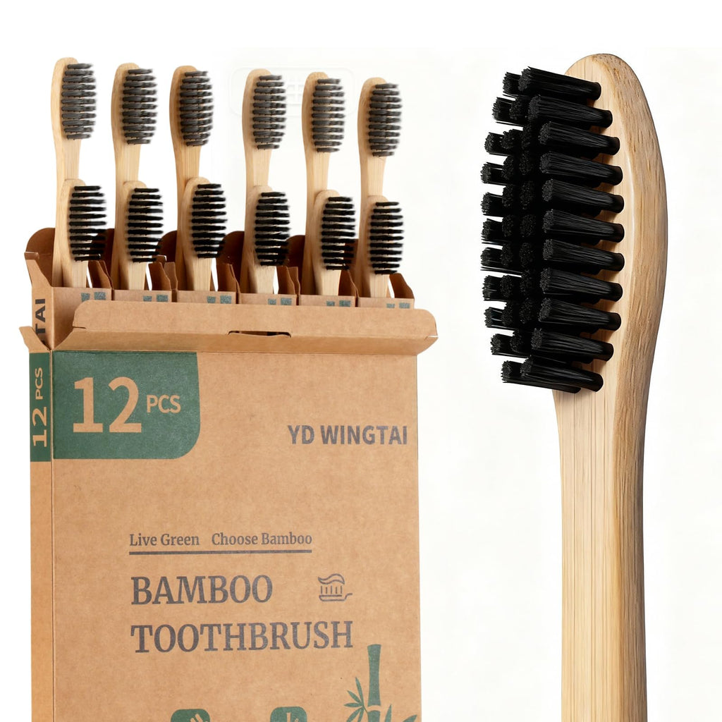 Bamboo Toothbrushes Wooden 12pack Natural Organic Charcoal Brush