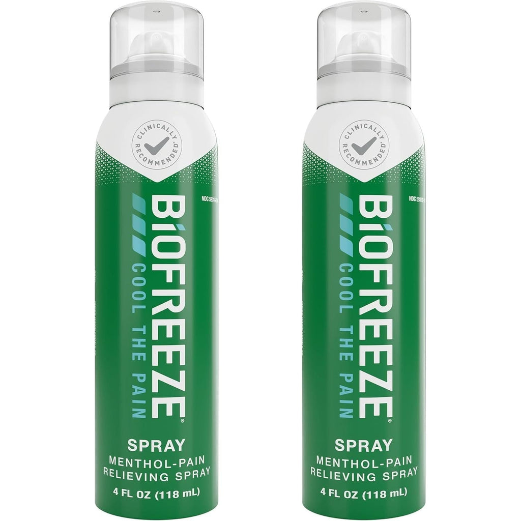 Buy now Biofreeze Pain Relief Spray, Arthritis Pain Reliever, Knee & Lower Back Pain Relief, Sore Muscle Relief, Neck Pain Relief, FSA Eligible, 2 Pack (4 FL OZ Biofreeze Menthol Spray) at indiglob india