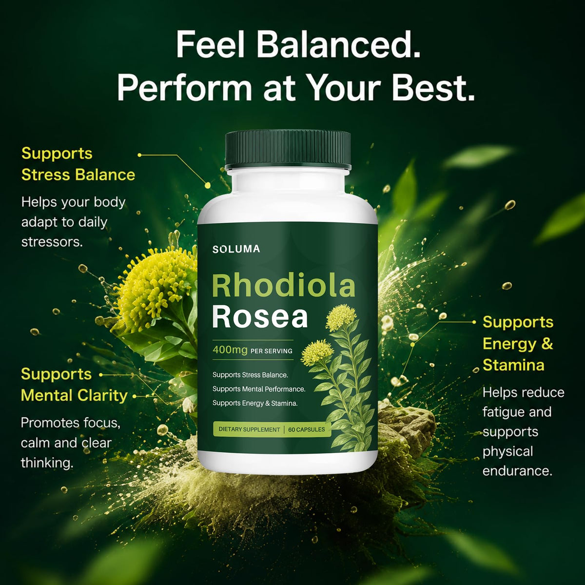 soluma Rhodiola Rosea 400mg Capsules, Adaptogen Supplement for Stress, Focus & Energy Support, Non-GMO, 60 Capsules