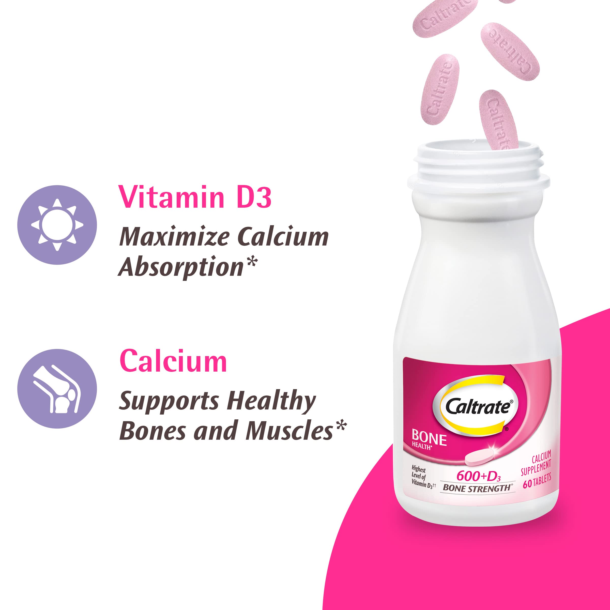 Caltrate 600 Plus D3 Vitamin D and Calcium Supplement Tablets, 200 Count | Highest Level of Vitamin D3, Maximizes Calcium Absorption to Support Strong Bones and Daily Function