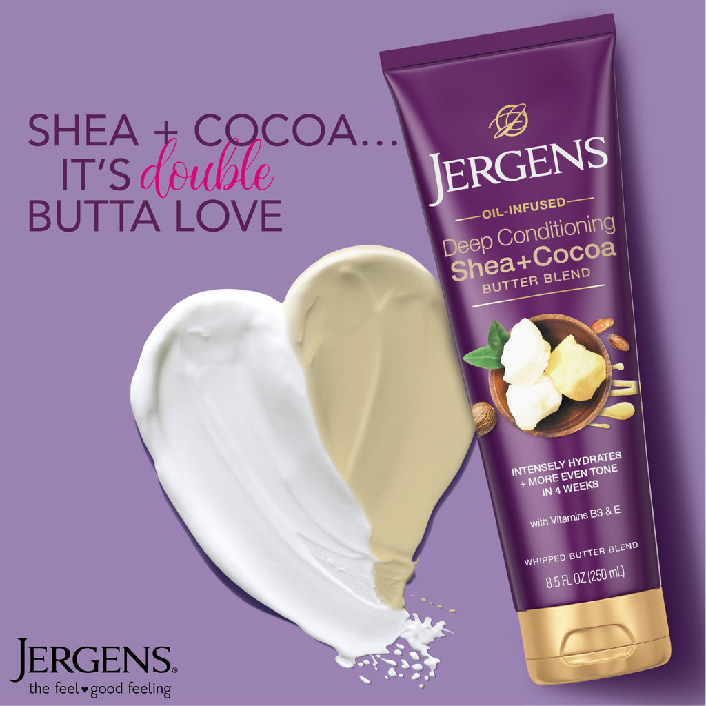 Jergens Shea and Cocoa Whipped Body Butter Lotion, Tone Enriching Hand And Body Lotion for Dry Skin, with Vitamins B3 & E, 8.5 Oz | Whipped Body Butter, Vitamins E & B3, Hydrates Deeply, Evens Skin Tone, Soft Smooth Feel