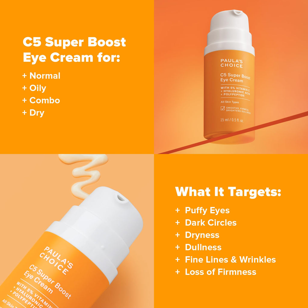Buy now Paula's Choice C5 Super Boost Eye Cream for Dark Circles, Puffy Eyes, Fine Lines & CrowÆ’??s Feet, Eye Repair Cream with 5% Vitamin C, Hyaluronic Acid & Peptides, Fragrance Free, 0.5 fl oz at indiglob india