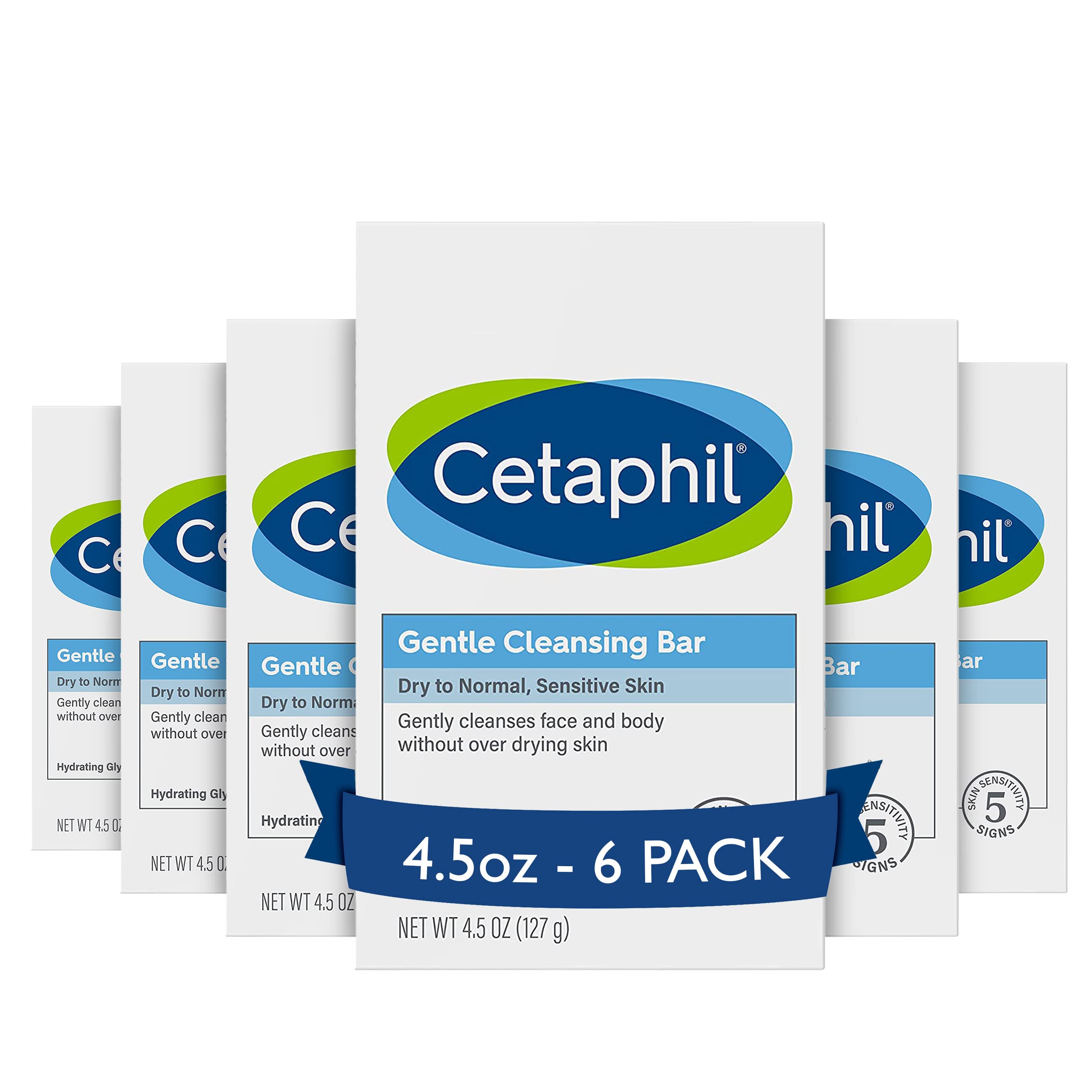 Cetaphil Gentle Cleansing Bar Soap, Sensitive & Dry Skin, 4.5oz, 6ct | Fragrance-Free, Dermatologist Recommended, Non-Comedogenic, Nourishes Dry Sensitive Skin, Face And Body, Bulk 6-Pack Value