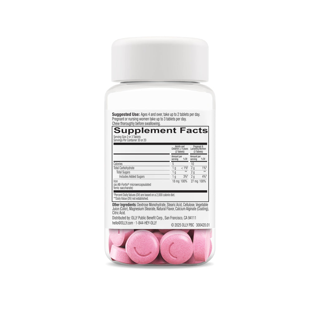 OLLY Delightful Iron Chewable Tablet, 18 mg Iron, Fruit Punch - 60 Count