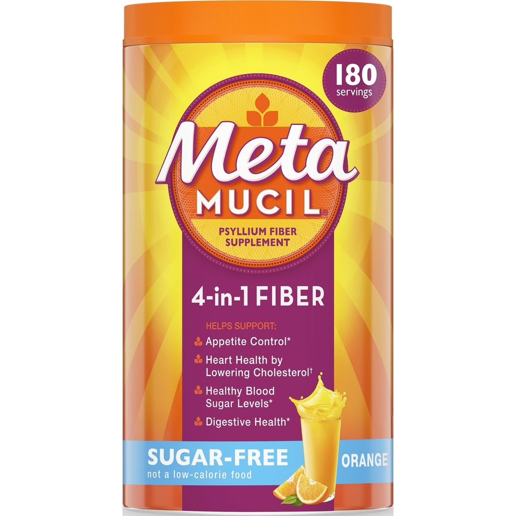 Metamucil 4-in-1 Psyllium Husk GLP-1 Friendly Fiber Supplement, Sugar-Free, 180 teaspoons, Orange Flavored, Daily Fiber Powder for Digestive Health, made with Plant-Based Psyllium Husk Fiber