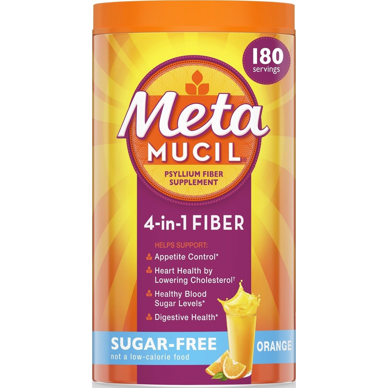 Metamucil 4-in-1 Psyllium Husk GLP-1 Friendly Fiber Supplement, Sugar-Free, 180 teaspoons, Orange Flavored, Daily Fiber Powder for Digestive Health, made with Plant-Based Psyllium Husk Fiber