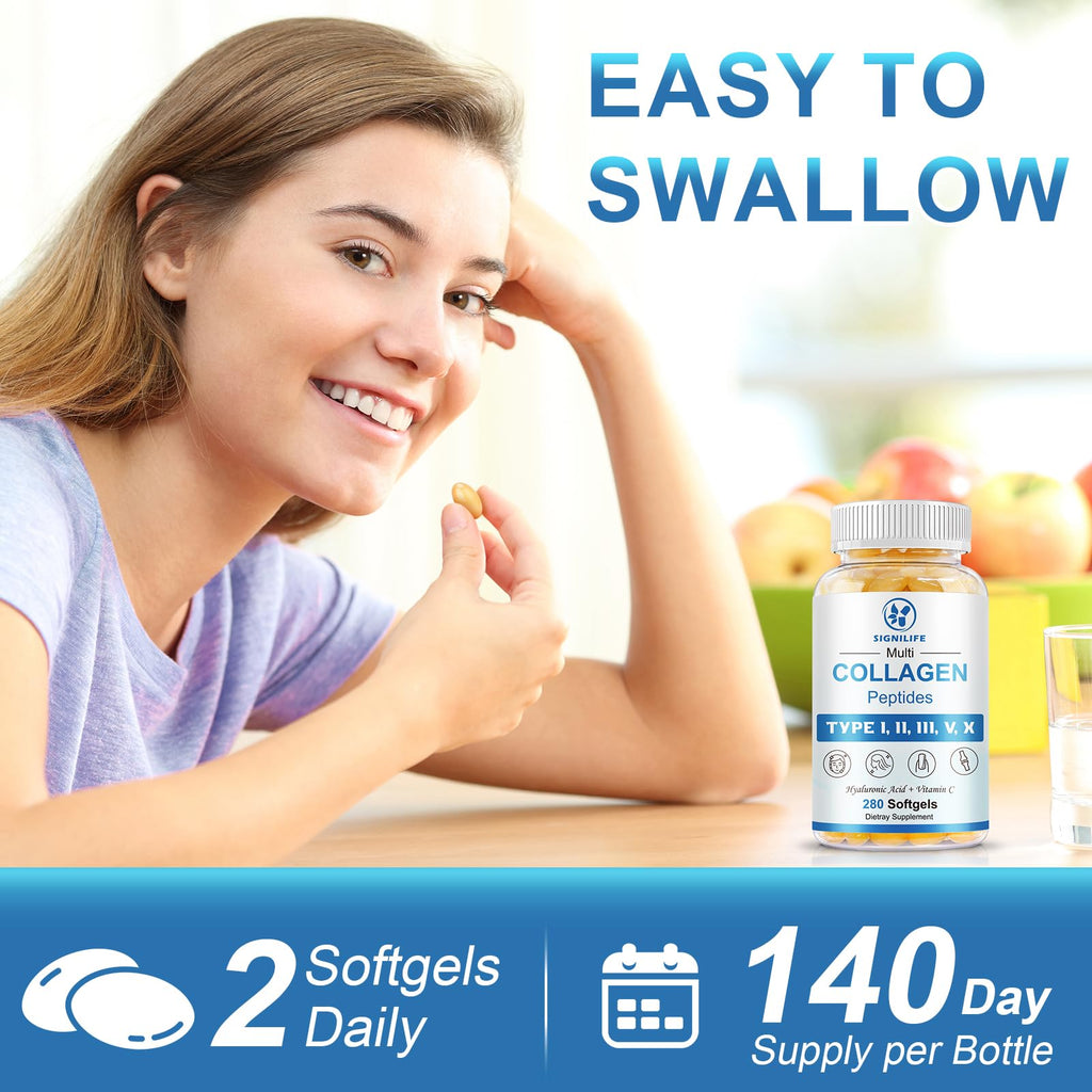 Multi Collagen Peptides for Women & Men-Type I, II, III, V, X | Hydrolyzed Collagen Peptides- with Hyaluronic Acid,Vitamin C,Biotin,Supports Skin Hair Nail, Non-GMO,280 Softgels