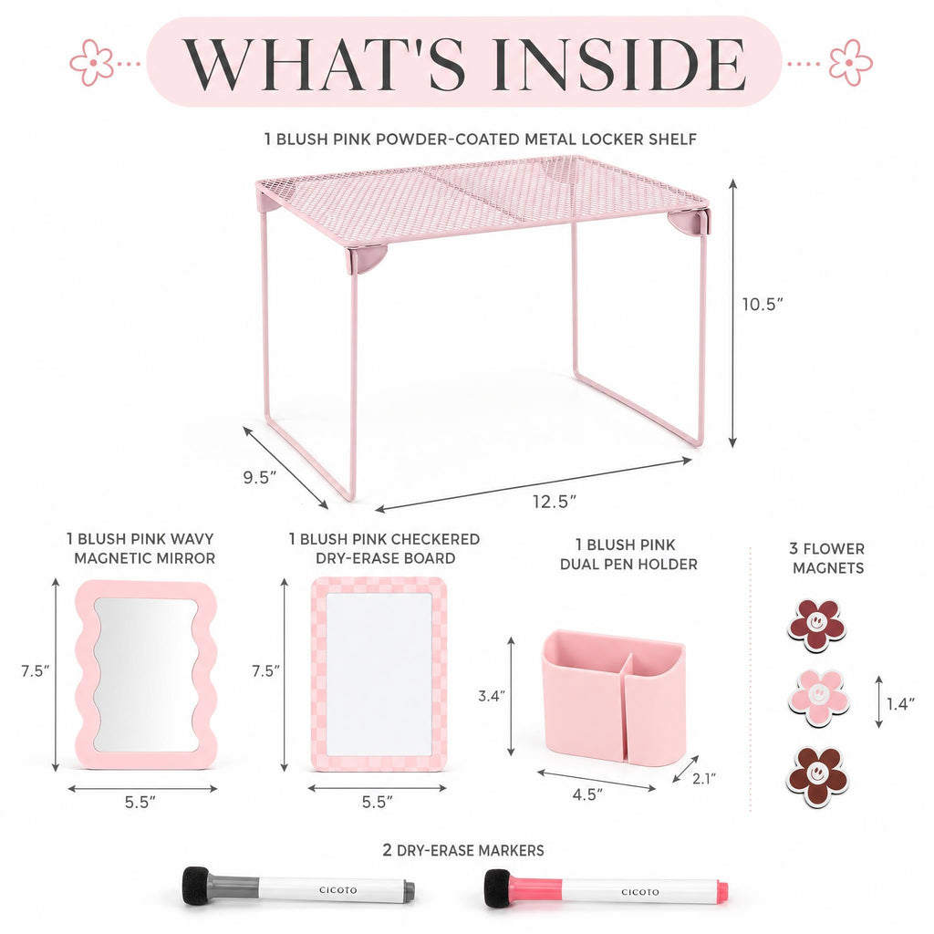 Stylish Locker Accessories Kit - Includes Shelf, Mirror, Whiteboard & More