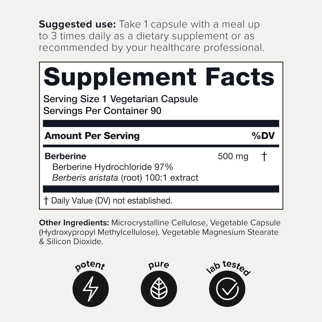 Toniiq NSF Certified Ultra High Strength Berberine HCl from The Himalayas | 100:1 Concentrated Extract - Lab-Tested 97% Berberine HCl - 90 Vegetarian Capsules, 500 mg per Capsule