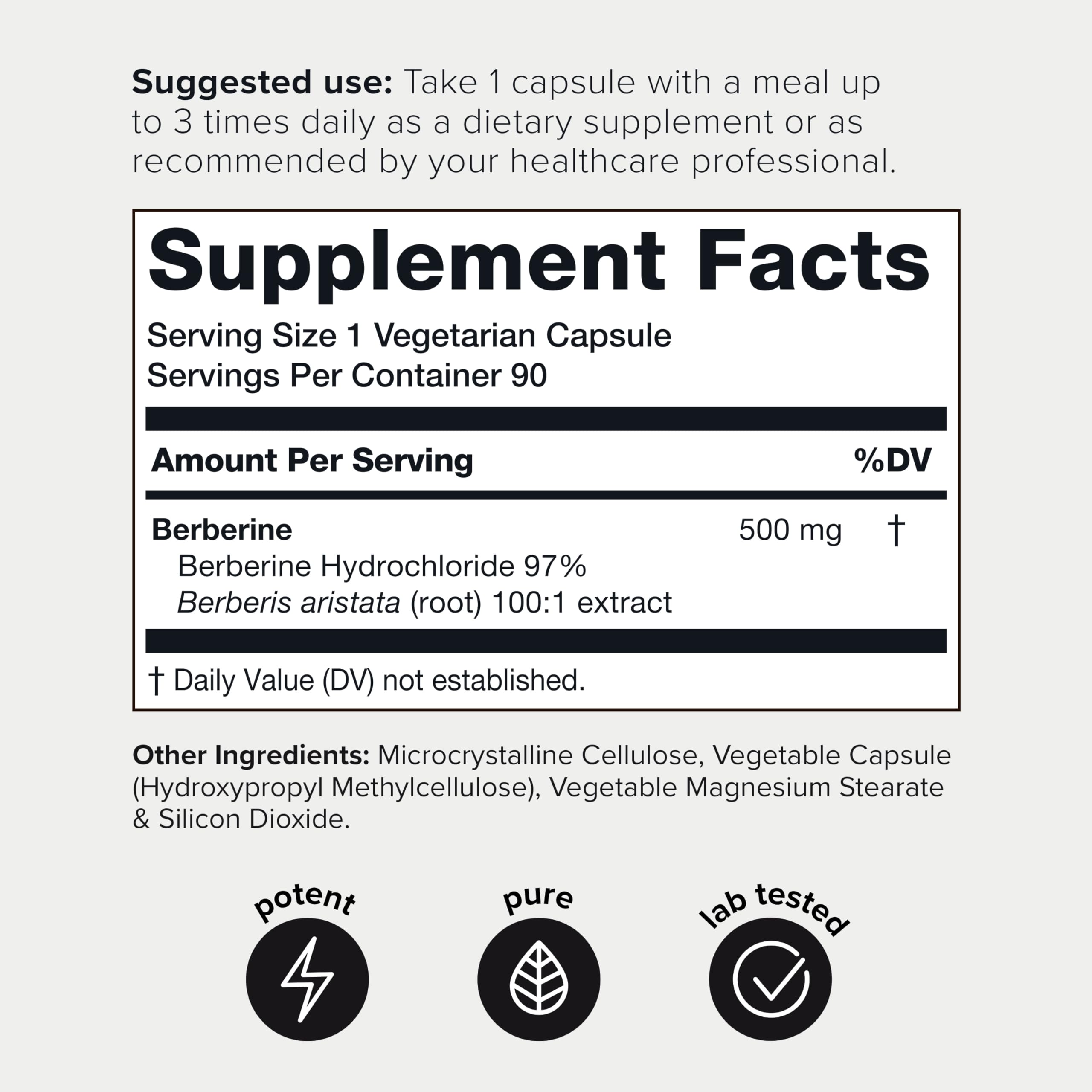 Toniiq NSF Certified Ultra High Strength Berberine HCl from The Himalayas | 100:1 Concentrated Extract - Lab-Tested 97% Berberine HCl - 90 Vegetarian Capsules, 500 mg per Capsule