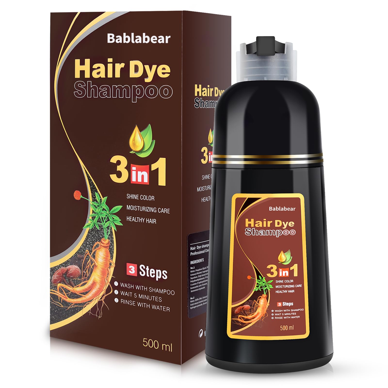 Bablabear Black Hair Dye Shampoo for Gray Hair,Hair Color Shampoo for Women and Men, Grey Coverage.500ml