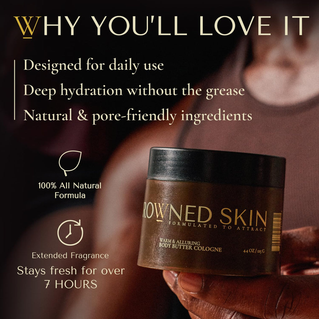 Crowned Skin King Cologned Body Butter for Men | Warm & Sensual | As Seen On Shark Tank | Scented with Sandalwood & Leather | Infused with Organic Shea & Mango Butters | All-Day Fragrance | 4.4oz