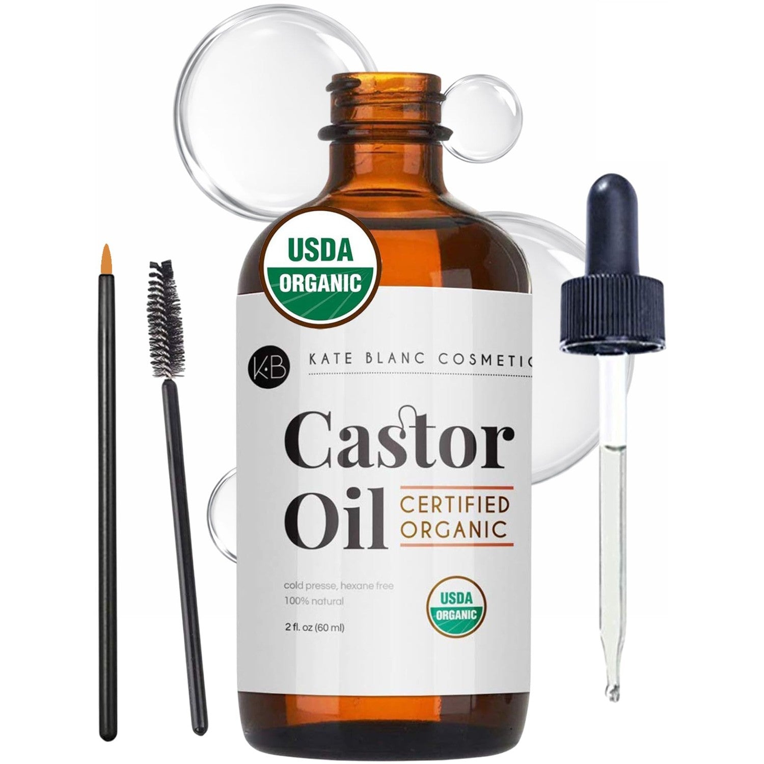 Kate Blanc Cosmetics Castor Oil Organic for Hair, Lashes, Face, Skin (2oz) | 100% Pure, Cold Pressed, Hexane Free Hair Oil in Glass Bottle. Lash Serum for Thicker-Looking Eyelashes & Eyebrows