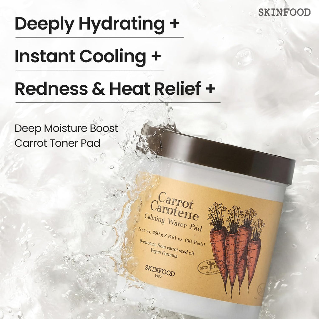 Buy now SKINFOOD Carrot Carotene Toner Pads, Hydrating & Soothing for Dry Skin, Instant Cooling, After Sun & Heat Care, Cotton Facial Toner Pads, Korean Skincare for Face (60 Counts) at indiglob india