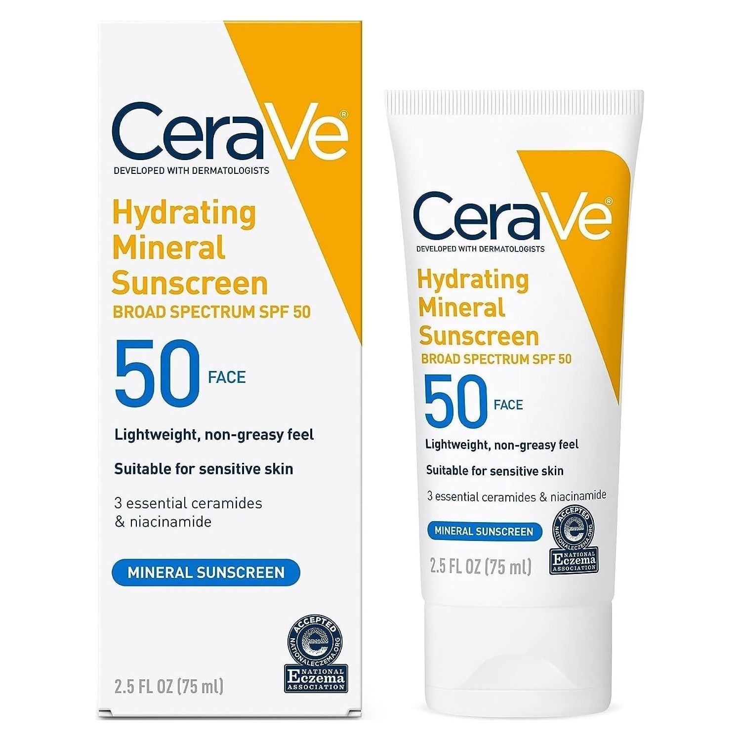 CeraVe Hydrating Mineral Sunscreen SPF 50 Face Sunscreen, Travel Size 2.5oz | Face Sunscreen with Zinc Oxide, Titanium Dioxide, Hyaluronic Acid, & Niacinamide For Broad Spectrum Protection