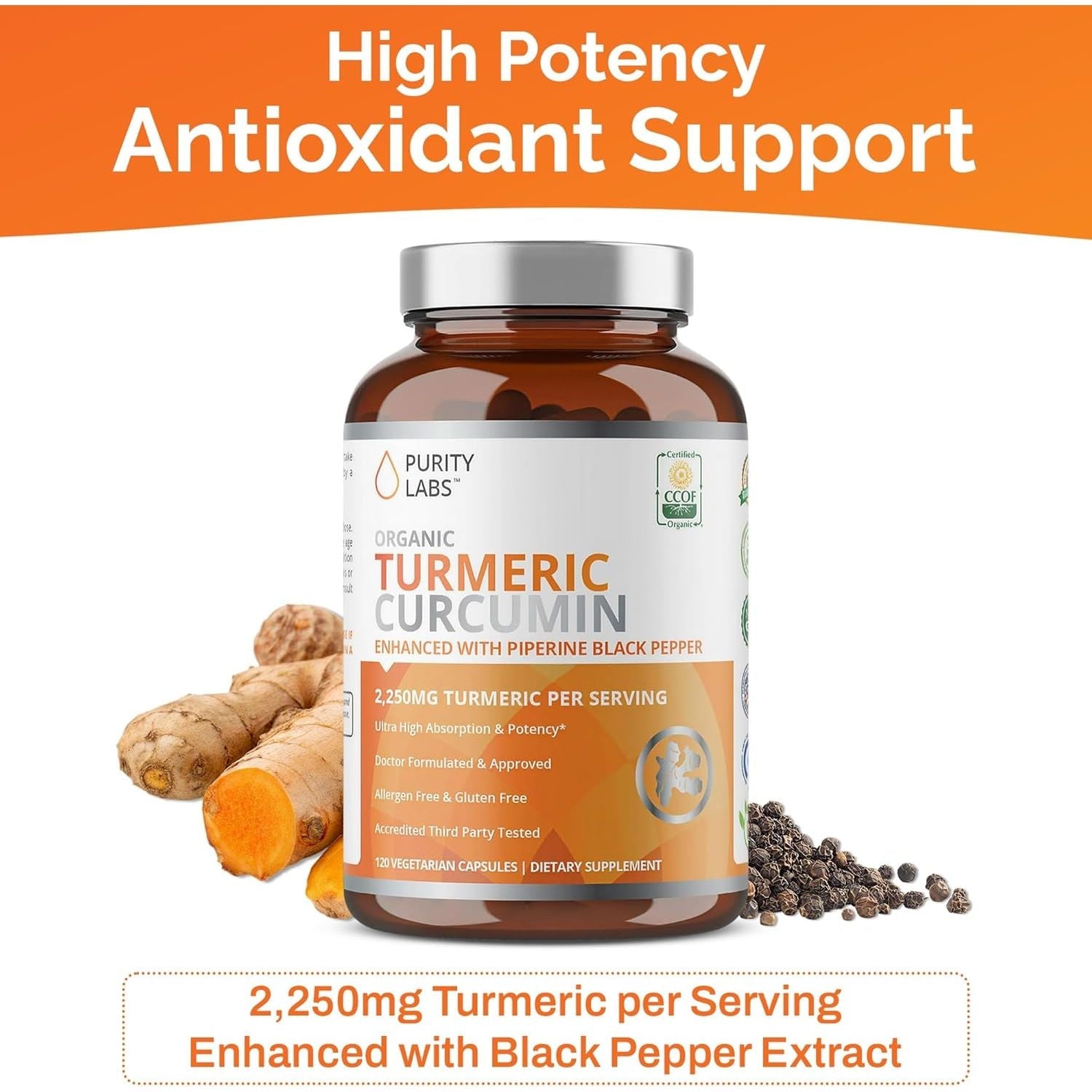 Buy now Purity Labs Organic Turmeric Curcumin Supplement with Piperine 2,250 MG/Serving | 95% Curcuminoids Turmeric Supplements, Antioxidant Joint Pain Relief, Muscle & Brain Support | Non-GMO - 120 Capsules at indiglob india