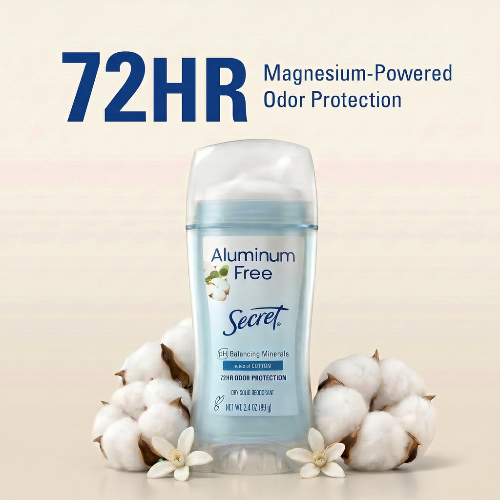 Secret Aluminum Free Deodorant for Women, 72hr Odor Protection, Naturally Derived Ingredients, Free of Parabens Dyes Talc & Baking Soda, PH Balancing Minerals, Dry Solid, Cotton Scent, 2.4 oz