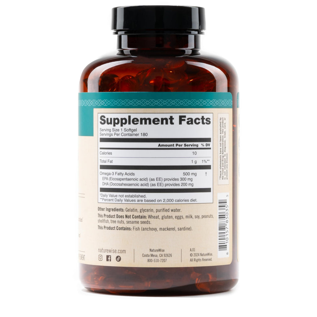 NatureWise Omega 3 Fish Oil - 500mg Omega 3 per Serving - 300mg EPA & 200mg DHA - Sustainably Sourced for Purity - Lemon Flavored - Burpless - Gluten & Soy Free, Non-GMO - 180 Softgels[6-Month Supply]