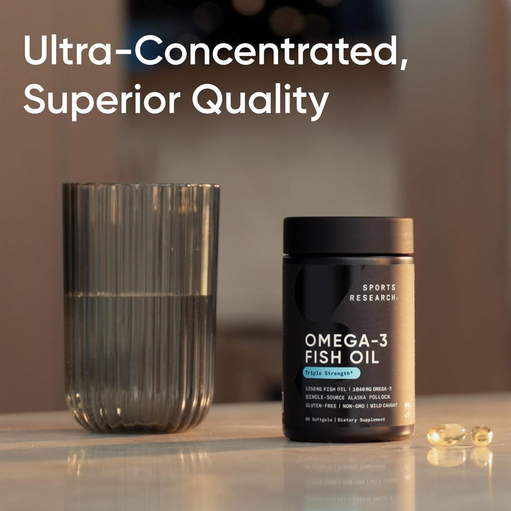 Buy now Sports Research Triple Strength Omega 3 Fish Oil - Burpless Fish Oil Supplement w/EPA & DHA Fatty Acids from Single-Source Wild Alaskan Pollock - 1250 mg, 180 ct at indiglob india