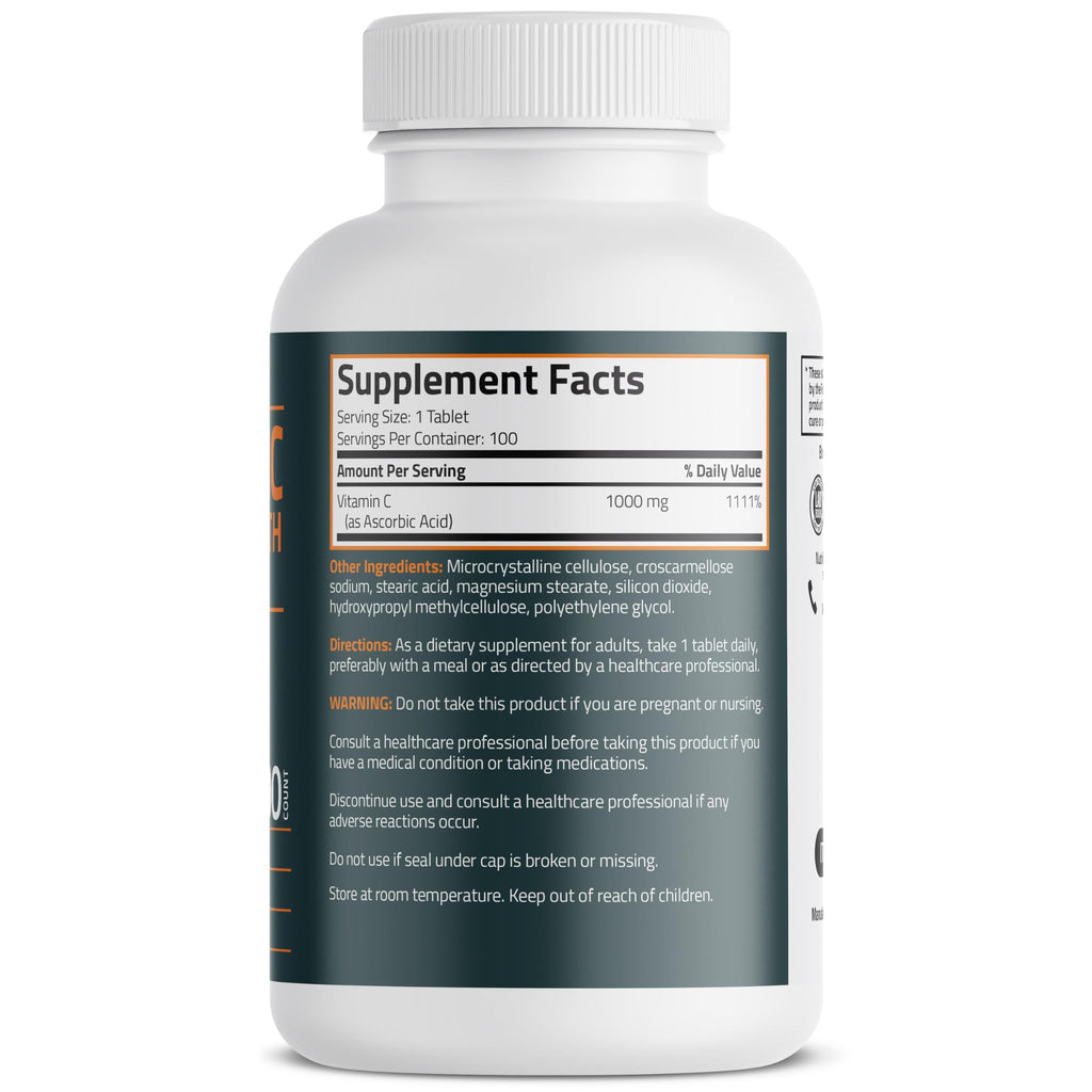 Bronson Vitamin C 1000 mg as Ascorbic Acid, 100 Vegetarian Tablets | Extra Strength Formula, Supports a Healthy Immune System, Non-GMO, Gluten-Free & Soy-Free