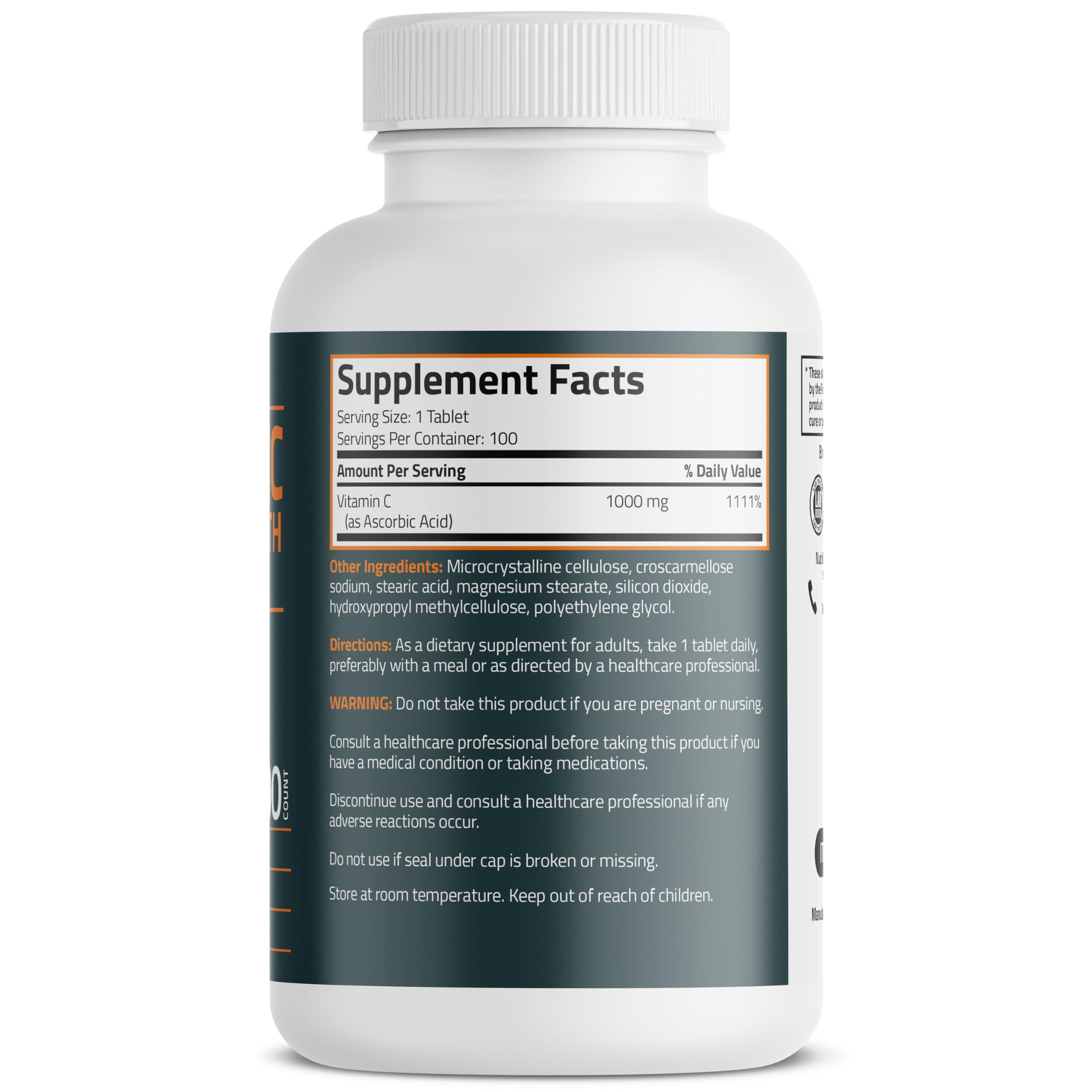 Bronson Vitamin C 1000 mg as Ascorbic Acid, 100 Vegetarian Tablets | Extra Strength Formula, Supports a Healthy Immune System, Non-GMO, Gluten-Free & Soy-Free