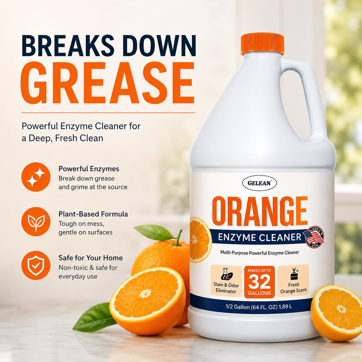 Multi-Purpose Probiotic Enzyme orange Cleaner, 1/2 Gallon (64 oz.) - Pet Stain and Odor Remover - Concentrated - Professional & Home Strength Drains, Floors, Bathrooms, Toilets Trash Can, Made in USA