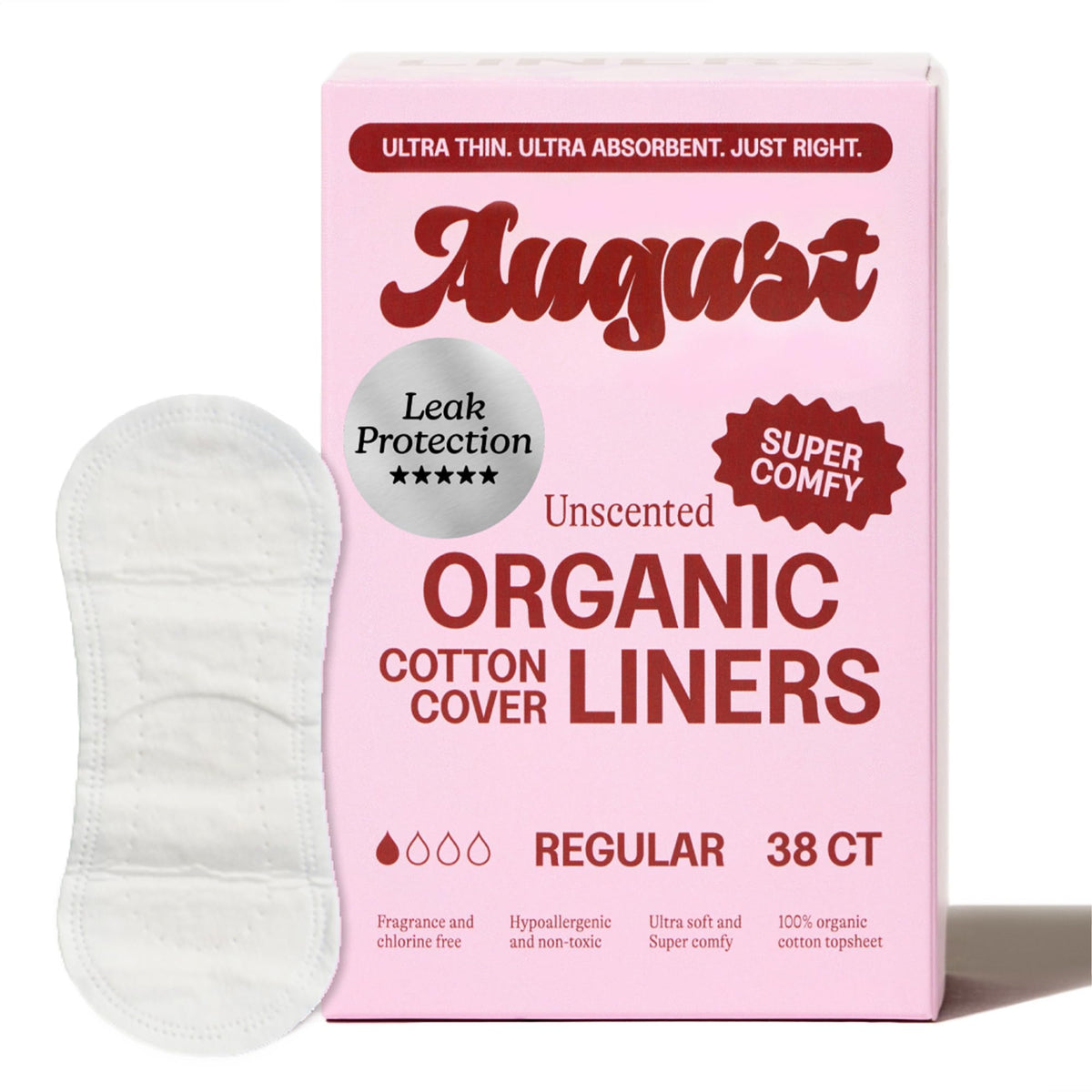 August Organic Panty Liners, 38-Pack Organic Cotton Panty Liners for Women