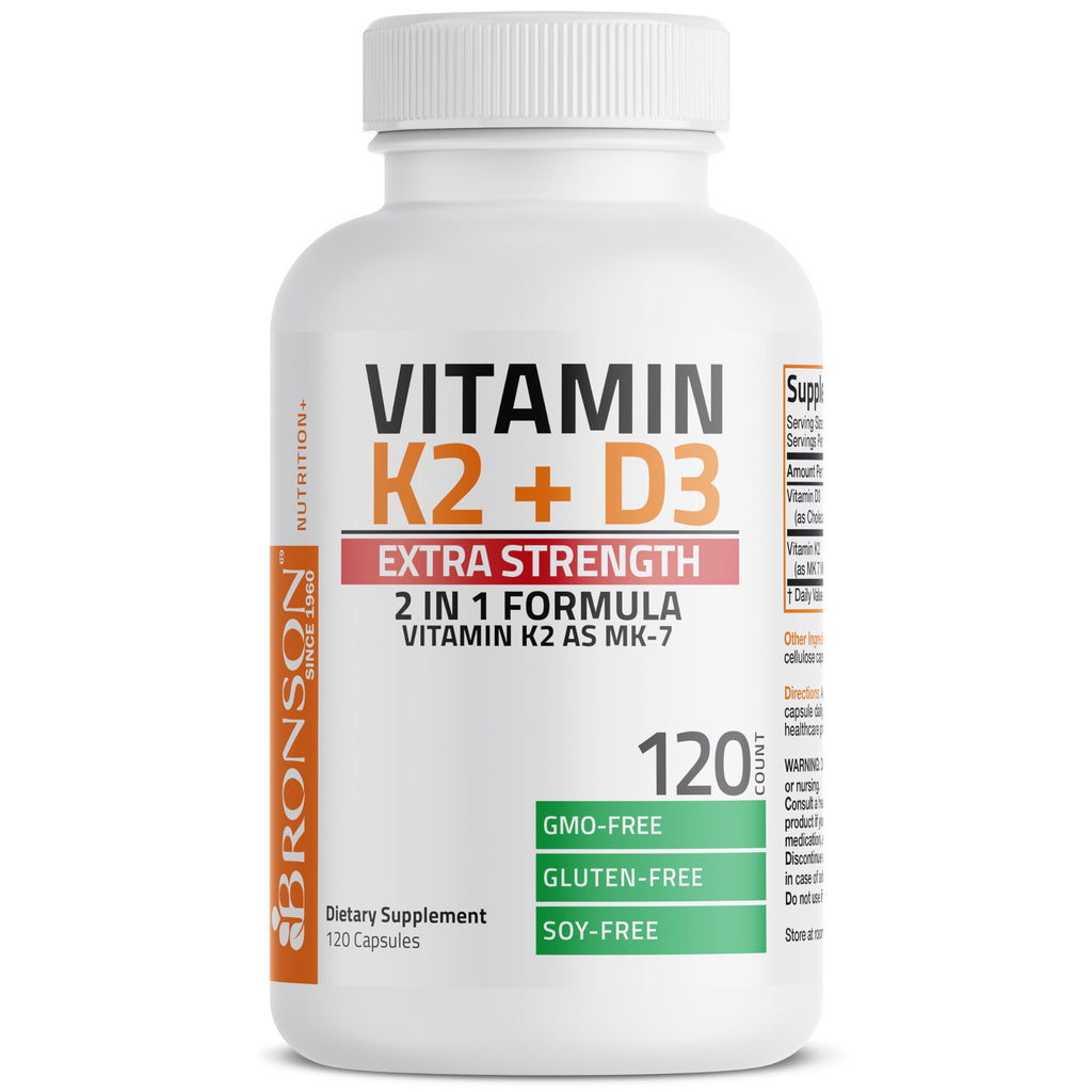 Bronson Vitamin K2 D3 (MK7) Extra Strength D3 & K2 Complex, 120 Capsules | Bone, Immune & Heart Health Support, Gluten Free, Soy Free, Non-GMO, Vitamin D3 10,000IU (250 mcg) & 120 mcg K2 MK-7