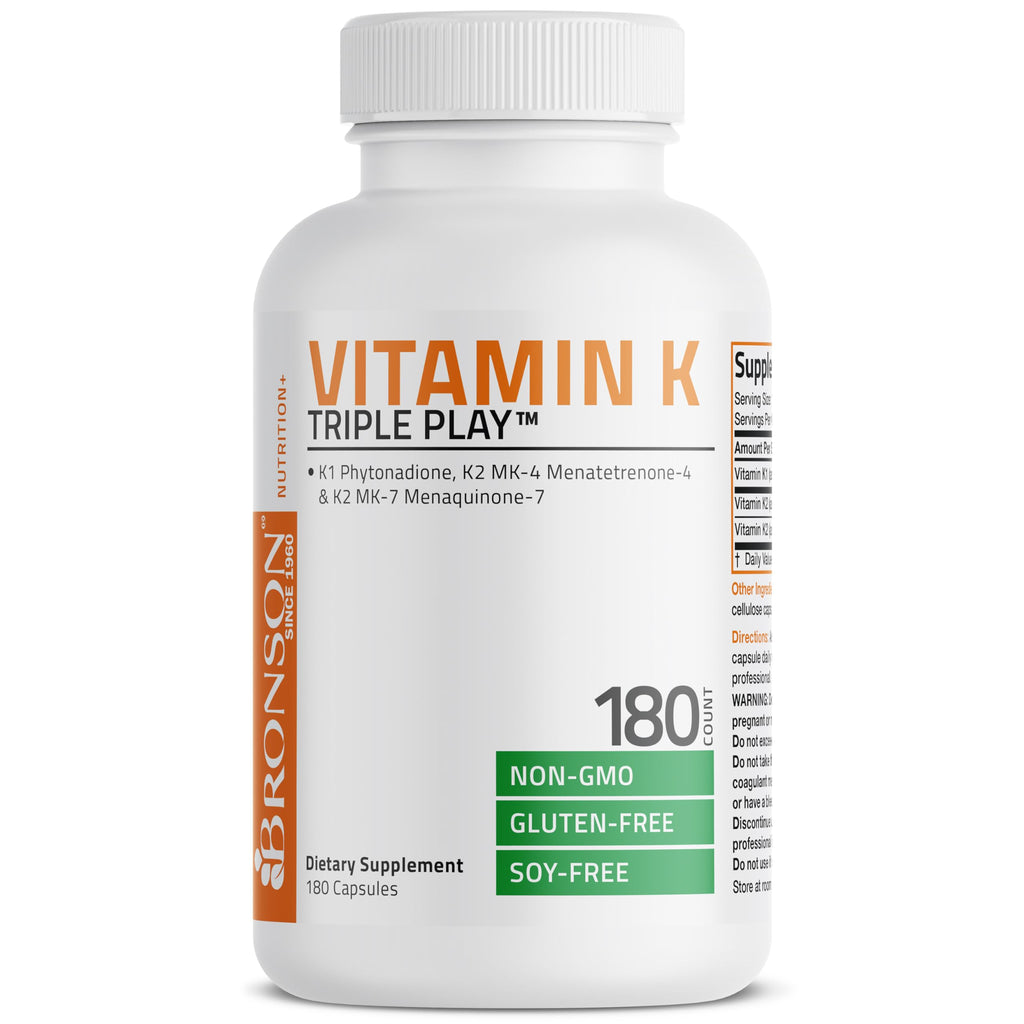 Bronson Vitamin K Triple Play Full Spectrum K1 & K2 MK-4/MK-7, 180 Capsules | 550 mcg Total Vitamin K: 100 mcg K1 + 450 mcg K2, Strong Bone Support, Non-GMO & Gluten-Free