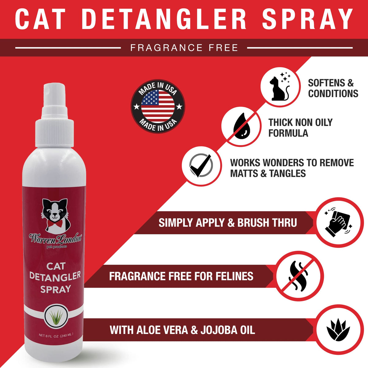 Warren London Cat Detangler Spray, Unscented Leave-in Conditioner, 8 oz