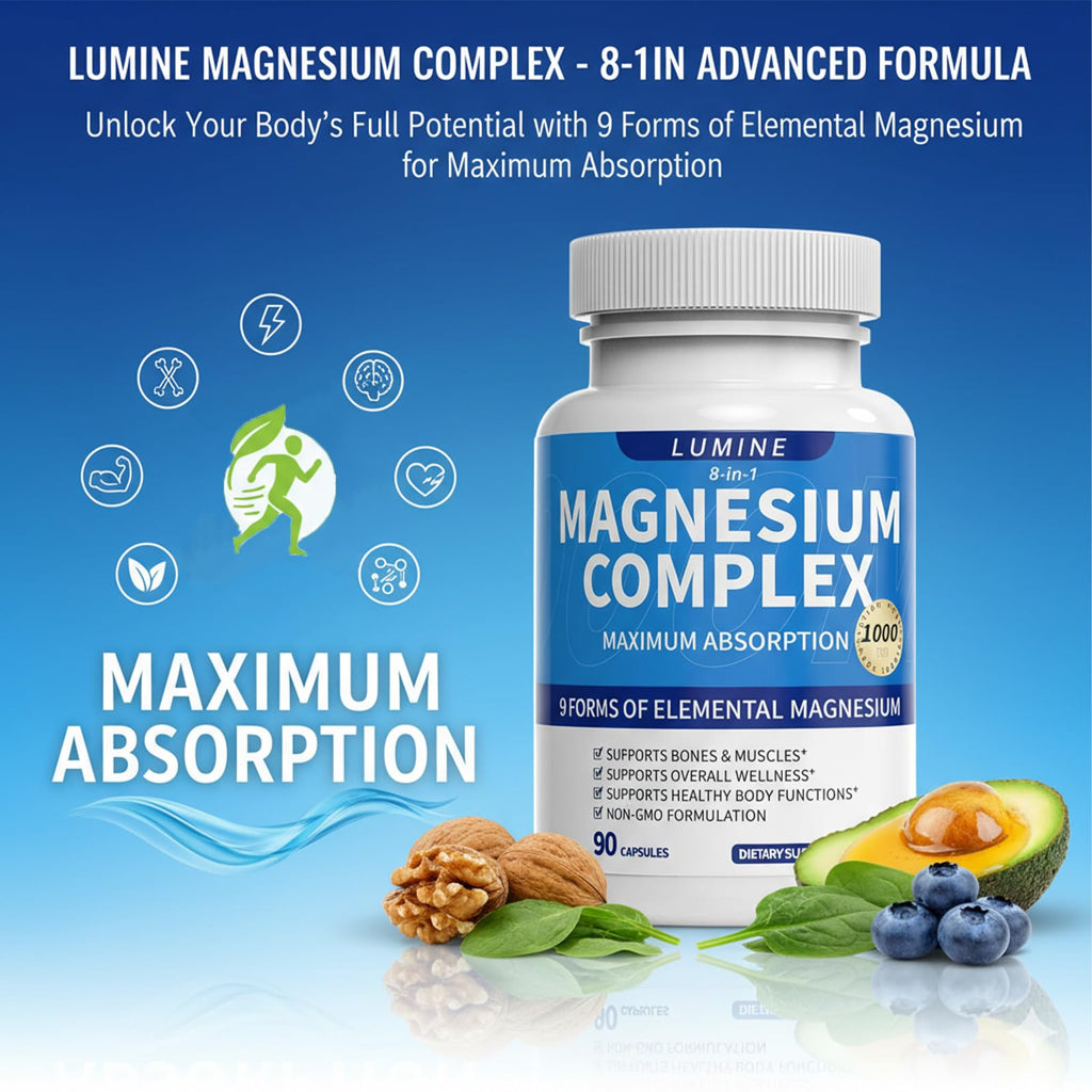 Lumine Magnesium Complex Supplement - Advanced 8-in-1 Elemental 1000mg- Glycinate, Citrate, Malate, Taurate, Chelated for Easy Absorbed, Energy-Restoring, 90 Capsules