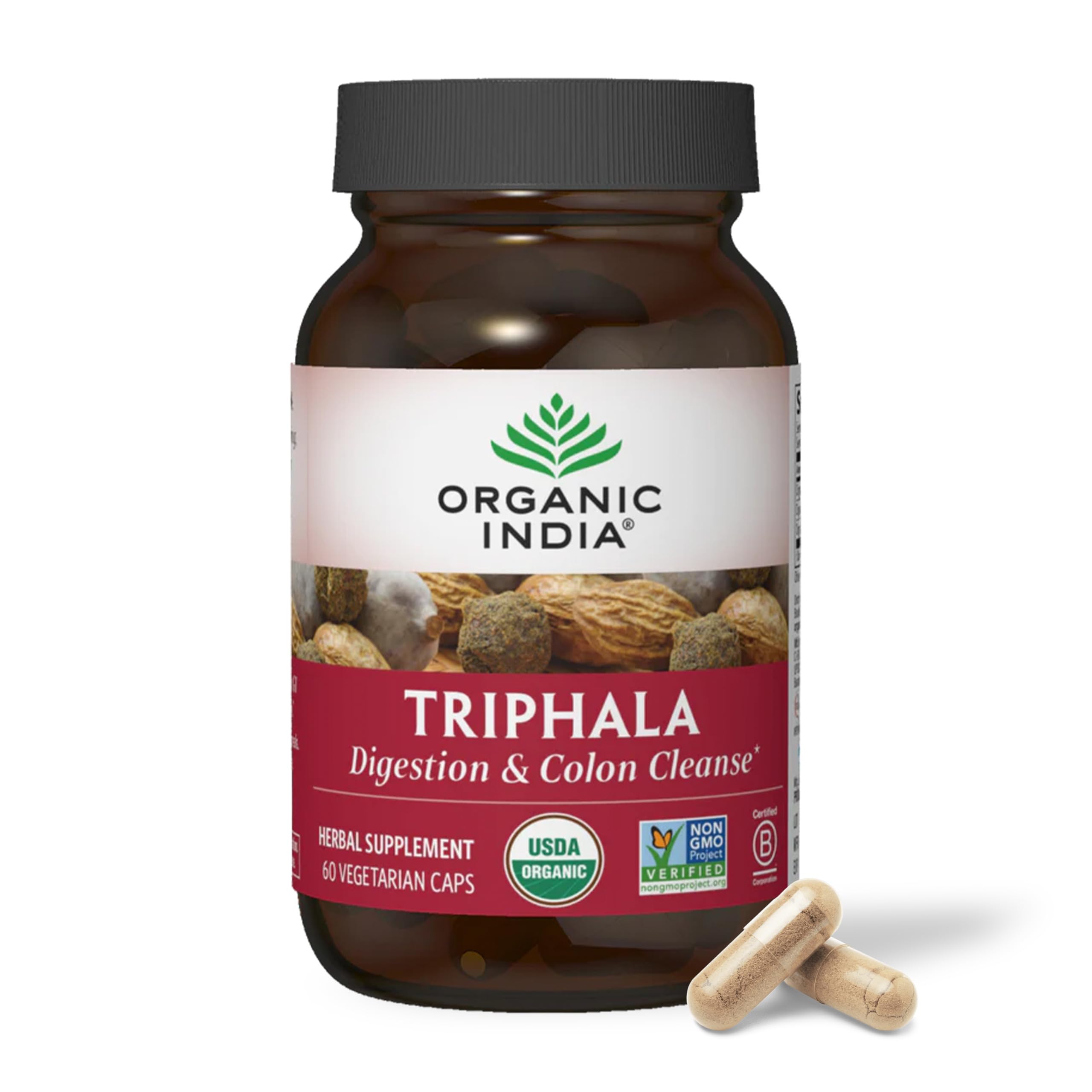 ORGANIC INDIA Triphala Capsules Organic - Herbal Supplement with Amla, Bibhitaki, Haritaki, Digestion & Colon Support, Immune System Support, Adaptogen, Vegan, USDA Certified Organic - 180 Capsules