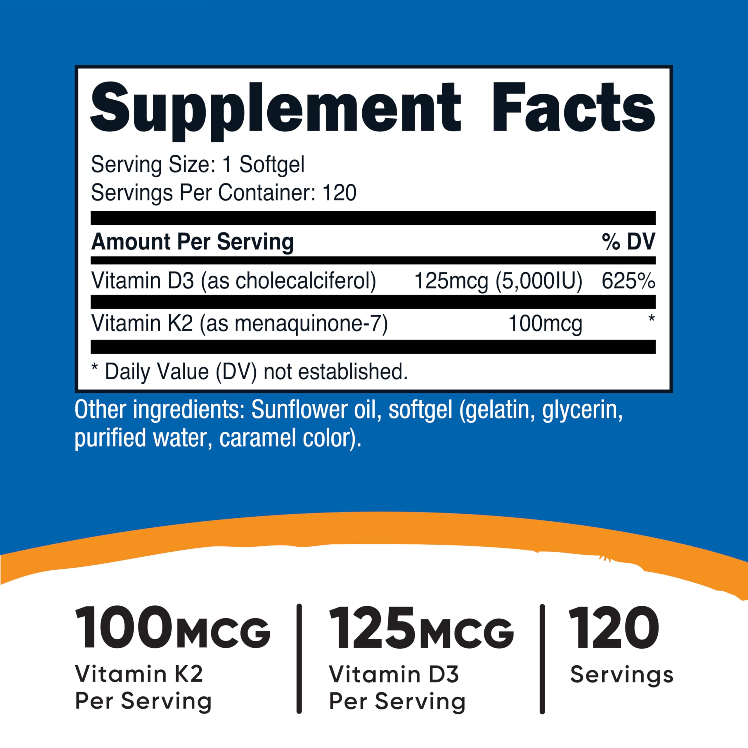 Nutricost Vitamin D3 + K2 (5000 IU D3 / 100mcg MK7) 120 Softgels, GMO-Free | Gluten-Free