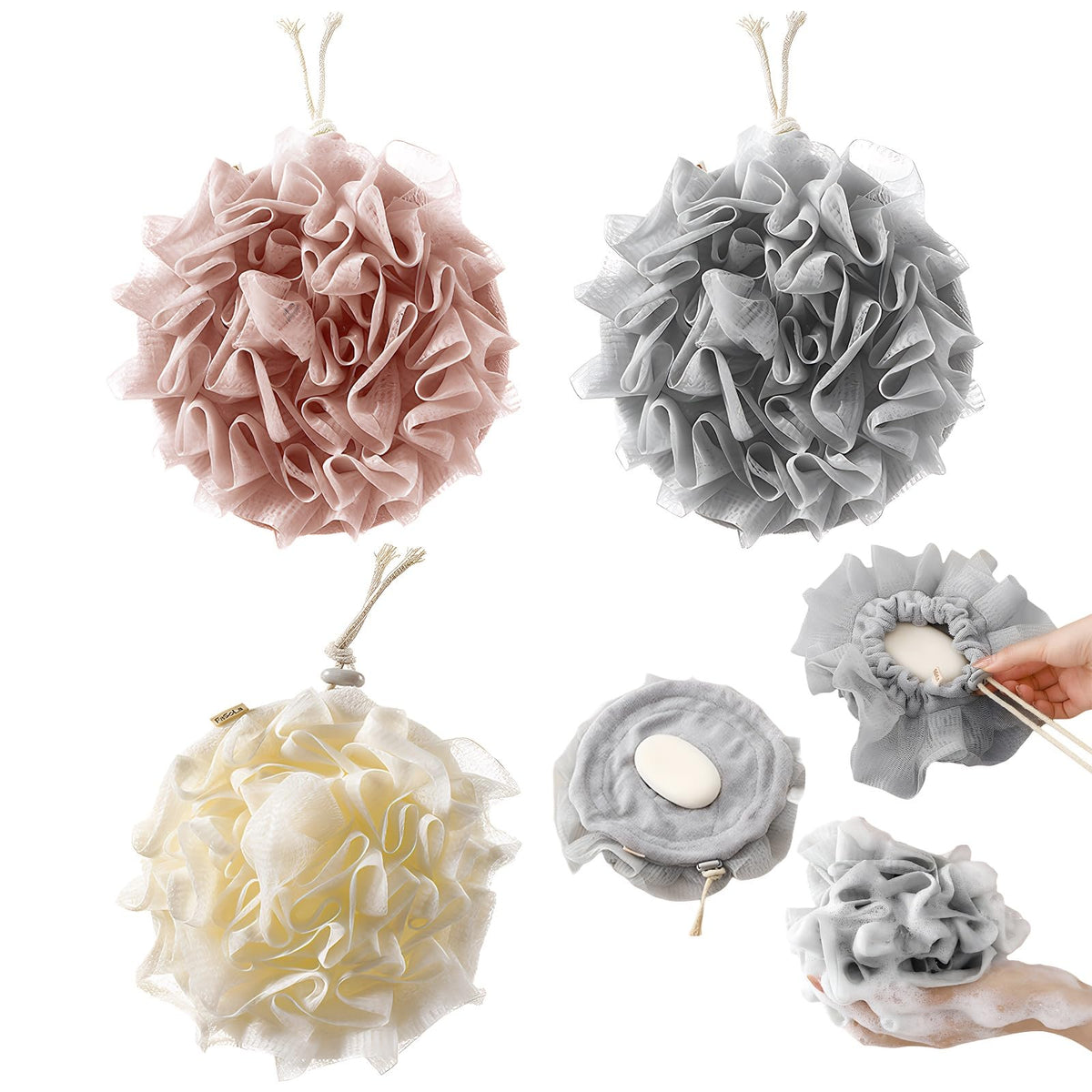 3 PCS Bar Soap Loofah Pouch, New 2 in 1 Drawstring Loofah Soap Holder, Exfoliation Mesh Shower Ball for Cleansing and Smooth Skin (Beige+Grey+Pink)
