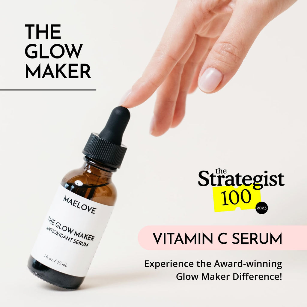 MAELOVE Glow Maker Vitamin C Serum with Vitamin E & Ferulic Acid, 1 fl oz | Gold standard formula of Vitamin C E, Ferulic Acid & Hyaluronic Acid, Award-Winning Brightening and Hydrating Facial Serum