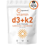 Micro Ingredients Vitamin D3 + K2 MK-7 5,000 IU Per Serving, 300 Softgels | K2 100 mcg Per Serving, D3 & K2 Vitamin Supplement for Women & Men. Easy-to-Swallow, Non-GMO, Gluten Free.
