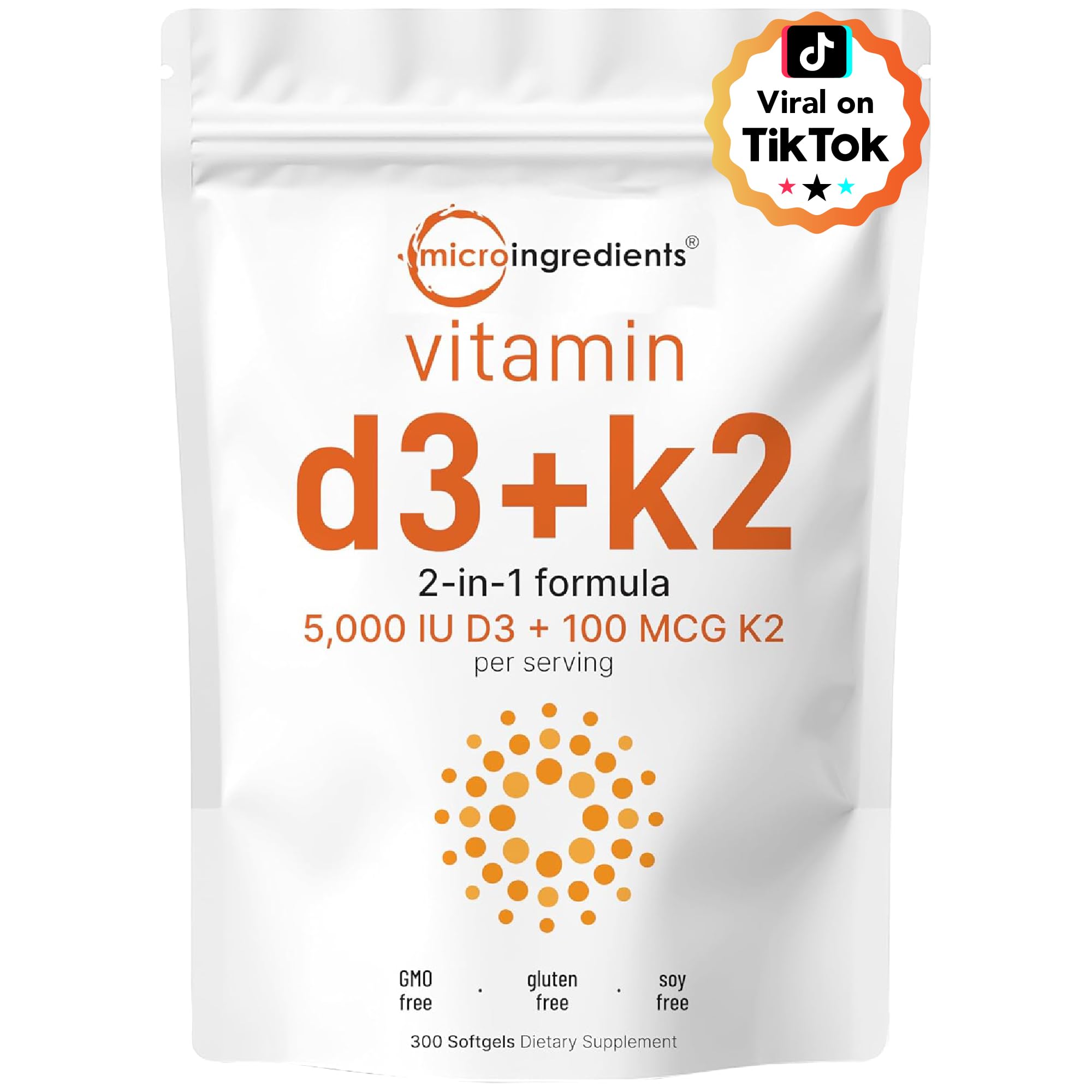 Micro Ingredients Vitamin D3 + K2 MK-7 5,000 IU Per Serving, 300 Softgels | K2 100 mcg Per Serving, D3 & K2 Vitamin Supplement for Women & Men. Easy-to-Swallow, Non-GMO, Gluten Free.
